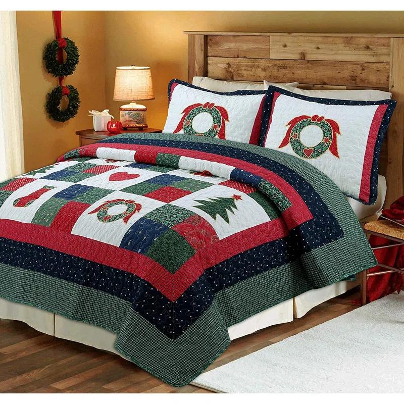 Cozy Line Home Fashion Happy Christmas Christmas Reversible Farmhouse Country Quilt Set