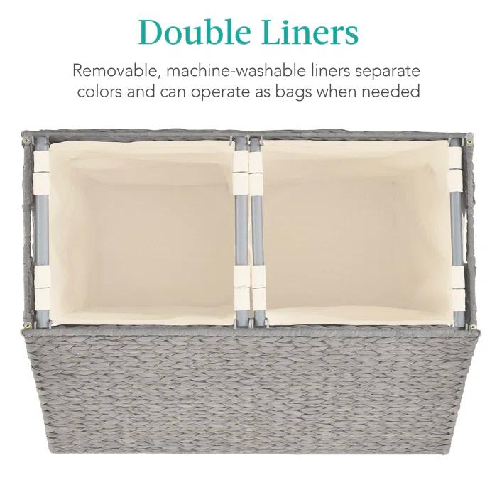 Bayou Breeze Large Water Hyacinth Double Laundry Hamper Basket w/ 2 Liner Bags, Handles