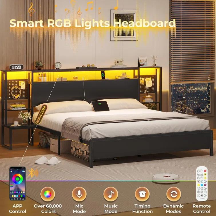 Ivy Bronx Bed Frame With Storage Headboard & Power Outlet, Metal Platform Bed With Led Lights, No Box Spring Needed, Strong Metal Slats, Noise-free, Industril Black