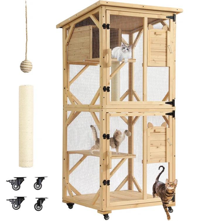 Tucker Murphy Pet™ Hallvard Outdoor Cat Enclosure with Scratcher - 4-Tier Large Indoor Wooden Window Catio Cat House W/Asphalt Waterproof Roof