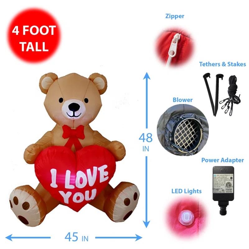 BZB Goods 4 Foot Tall Lighted Happy Valentine's Day Inflatable Sweet Teddy Bear with I Love You Heart Indoor / Outdoor Blow Up Yard Decoration