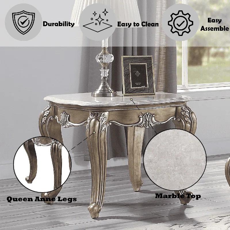 Rosdorf Park Elozzol Transitional Square End Table with Natural Marble Top in Antique Bronze