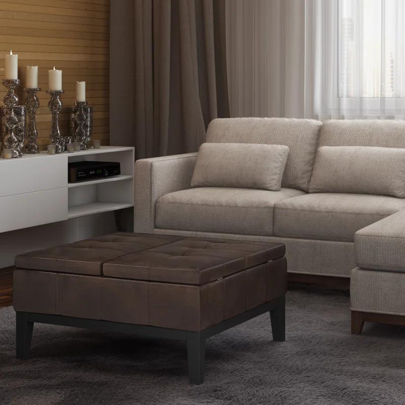 Simpli Home Dover 36"W Upholstered Square Coffee Table Storage Ottoman with Split Tufted Lift Top & Reviews | Wayfair