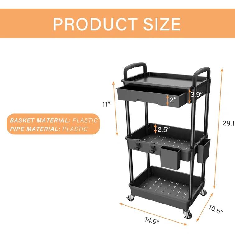 Ebern Designs 3 Tier Rolling Utility Cart With Drawer,utility Cart Made Of Multifunctional Storage Organizer Tool For Kitchen,bathroom,living Room,office