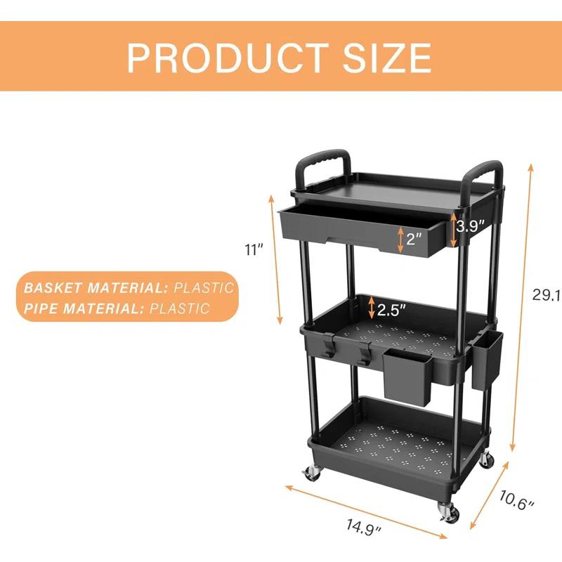 Ebern Designs 3 Tier Rolling Utility Cart With Drawer,utility Cart Made Of Multifunctional Storage Organizer Tool For Kitchen,bathroom,living Room,office