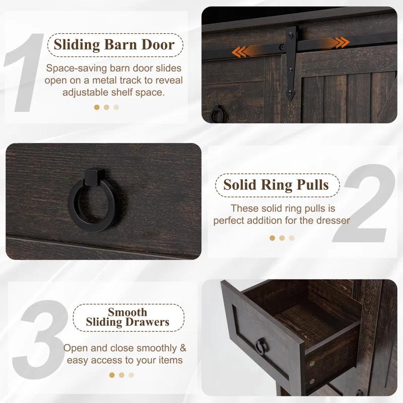 Gracie Oaks 5 Drawers Dresser With Cabinet, 48" Tall Chest, Wooden Closet Dresser With Sliding Barn Door For Living Room, Hallway
