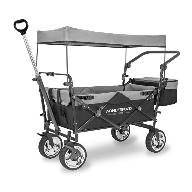 WonderFold Outdoor Wonderfold S4 Push & Pull Folding Wagon With Canopy & Brakes - Black