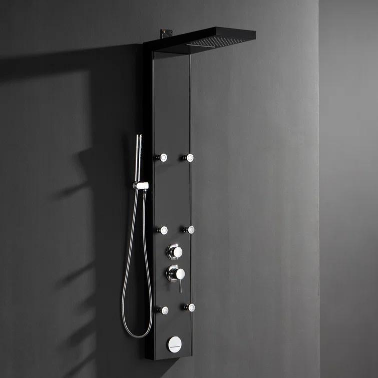 Greenspring 6-Jet Rainfall Shower Panel System With Spa Jets Rainfall Waterfall Shower Head And Shower Wand Marble Finish In Black GSP42D