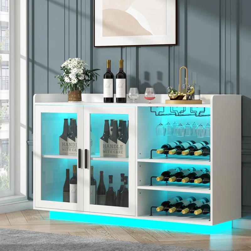 Brayden Studio® Wine Bar Cabinet with LED Lights, Floating Coffee Bar with Glass Rack and Removable Wine Racks, Modern Buffet Sideboard with Storage Shelves, Kithchen Bar with Glass Cabinet Doors, White