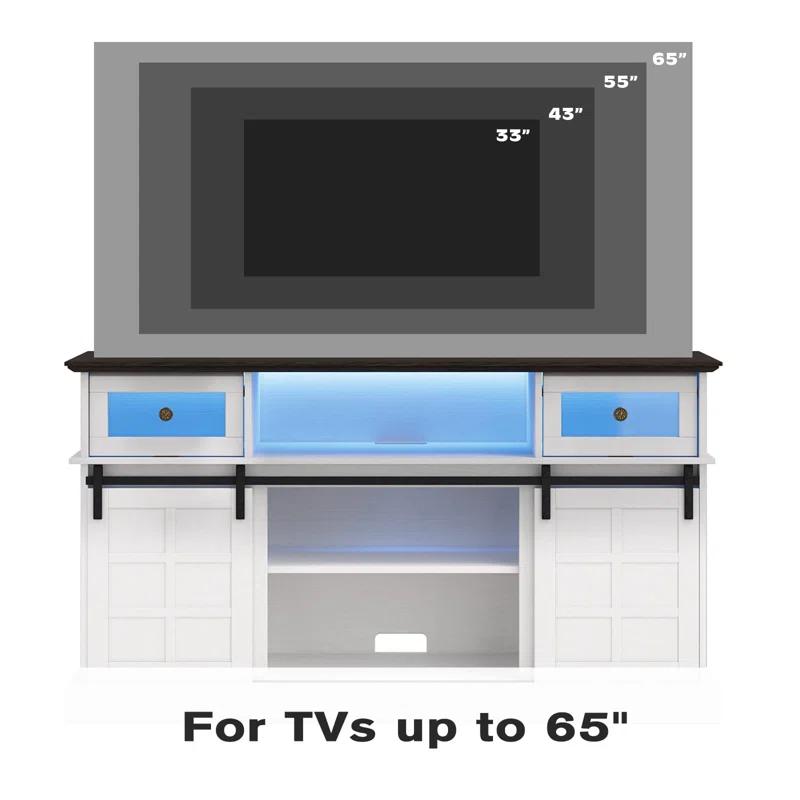 Farmhouse TV Stand W/LED Light, White TV Stand For 65 Inch Tvs, Entertainment Center TV Cabinet Stands With Flip Drawers, Sliding Barn Door TV Center Media Console Table For Living Room Bedroom