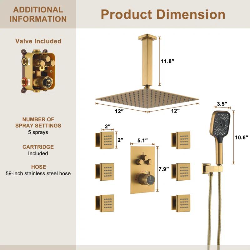 CASAINC CS6221-12BG Revitalize 3-Function 12 Inch Ceiling Mount Rainfall Thermostatic Shower System with 6 Body Jets