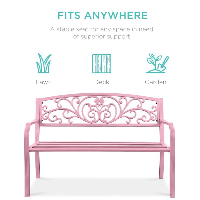 World Menagerie Outdoor Steel Bench with Floral Backrest & Slatted Seat, Marigold for Garden, Patio, Porch, Lawn, and Deck