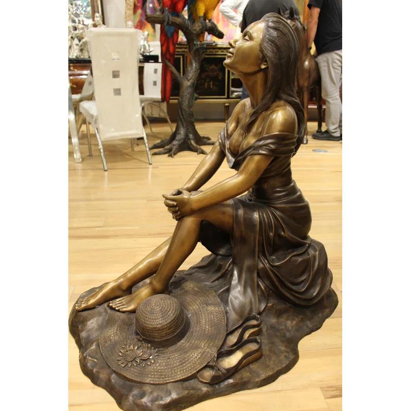 Nifao Statues Lady on Stone Bronze Statue -  Size: 33"L x 23"W x 34"H.