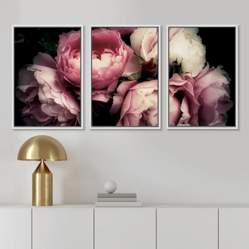 IDEA4WALL Flower Blossom " Pink Rose Peony Bouquet Floral Pictures Large Framed Canvas Print 3 Pieces Wall Art