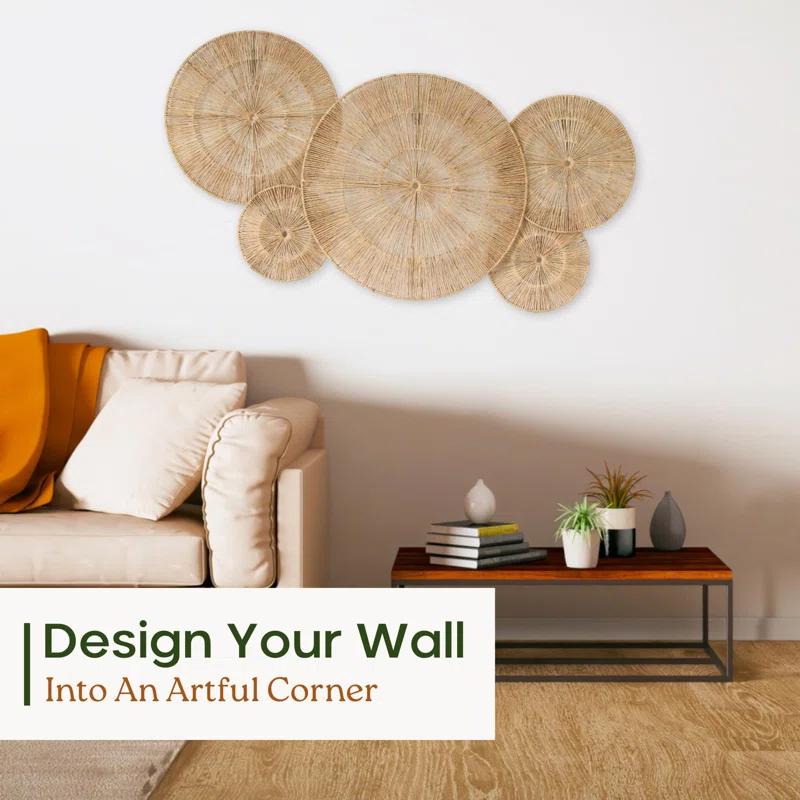 18 Inch Wicker Jute Wall Decor, Set Of 5 Large Woven Jute Wall Plates, Large Decorative Baskets For Wall Arts, 18", 14", 11", 8", 7", Farmhouse Wall Hanging For Bedroom, Living Room