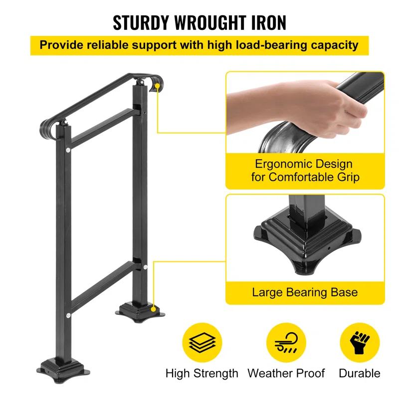VEVOR 42.5" H x 19.7 " W x 6.3" D Adjustable Iron Handrail Black Fits 1 To 2 Steps Handrail Concrete Decor