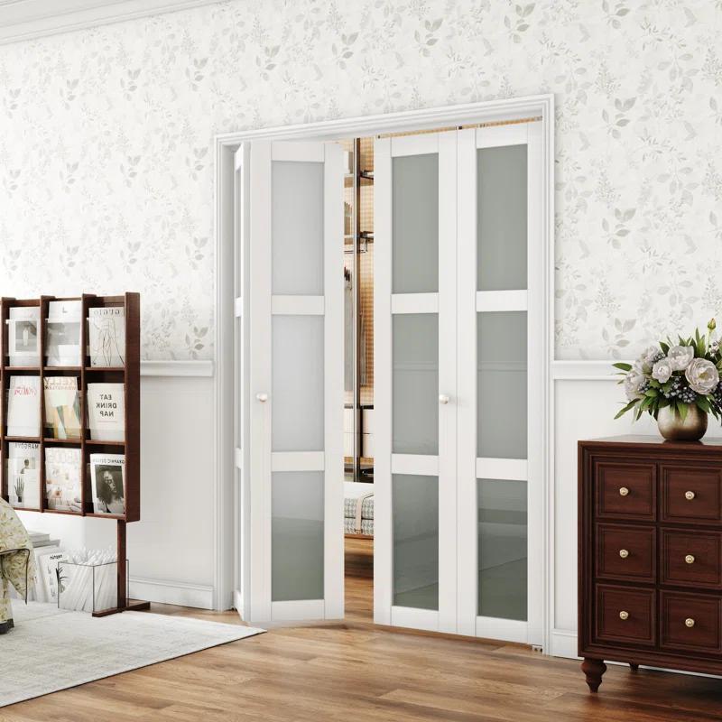 CHIC MODE Double Bifold Doors 3 Lite Frosted Glass Solid Manufactured Wood Prefinished Folding Door & Reviews | Wayfair