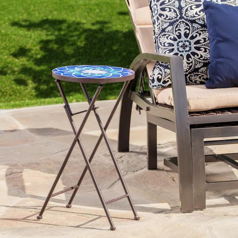 Fleur De Lis Living Folding Blue and White Top Side Table with Iron Frame, Multifunctional Plant or Beverage Stand