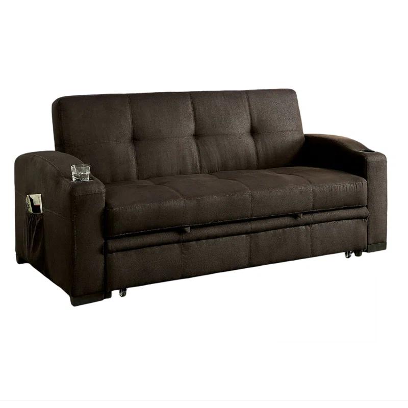 Benjara Futon Sofa, Brown Fabric Upholstery, Pull Out Base, Button Tufting