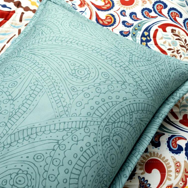 Lush Decor Boho Chic Reversible Oversized Cotton Quilt Seafoam/Red 3Pc Set Full/Queen