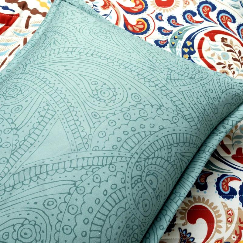 Boho Chic Reversible Oversized Cotton Quilt Seafoam/Red 3Pc Set Full/Queen