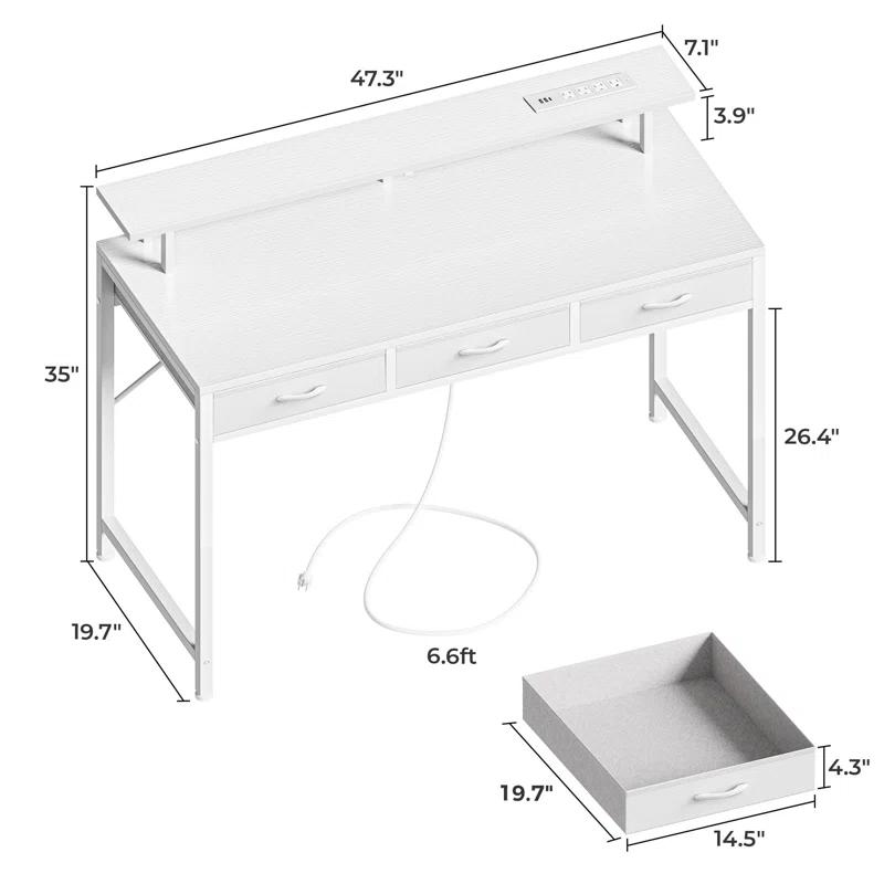 Computer Desk With 3 Drawers, Office Desk Gaming Desk With LED Lights & Power Outlets, Home Office Desks With Storage Space For Bedroom, Work From Home, (47 Inch )
