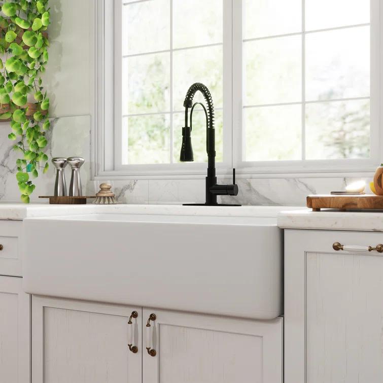 CASAINC CASAINC Single Bowl White Fireclay Farmhouse Kitchen Sink With Faucet Included KCSL0035-36W22M