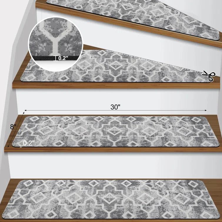 Bungalow Rose Stair Treads Non Slip For Wooden Steps, 15PCS 8"X30" Grey Rubber Backing Stair Runner Mats, Washable Reusable Carpet For Stairs Rugs Indoor Safety Staircase Step Treads For Kids Elders Dogs