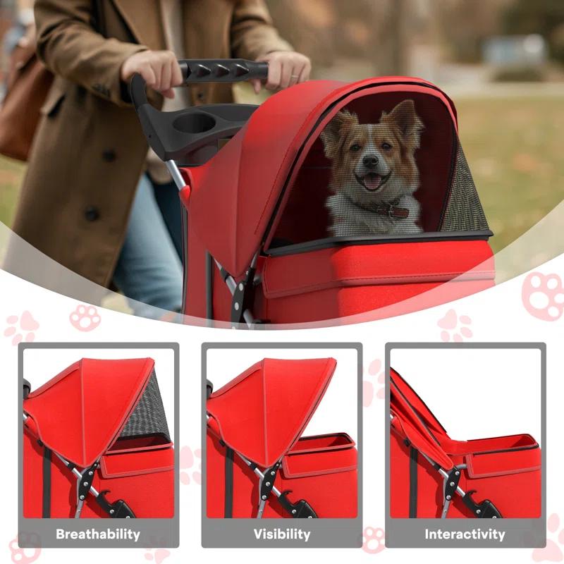 ATCHISON Foldable Pet Stroller, 3 Wheels Folding Carrier Jogger Stroller for Dogs Cats with Canopy and Basket