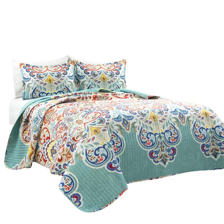 Lush Decor Boho Chic Reversible Oversized Cotton Quilt Seafoam/Red 3Pc Set Full/Queen