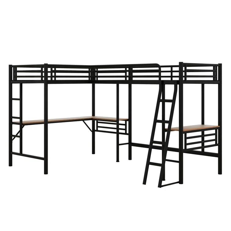Mason & Marbles Double Twin Size Loft Beds, Metal L-Shaped Loft Bed Frame With Two Desk