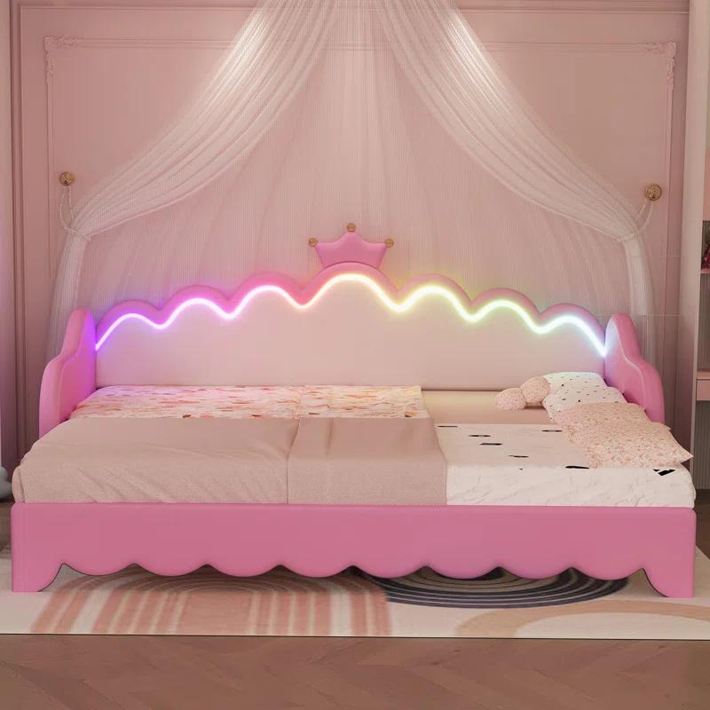 Twin Extending Daybed with LED Lights, Modern Upholstered Princess Daybed