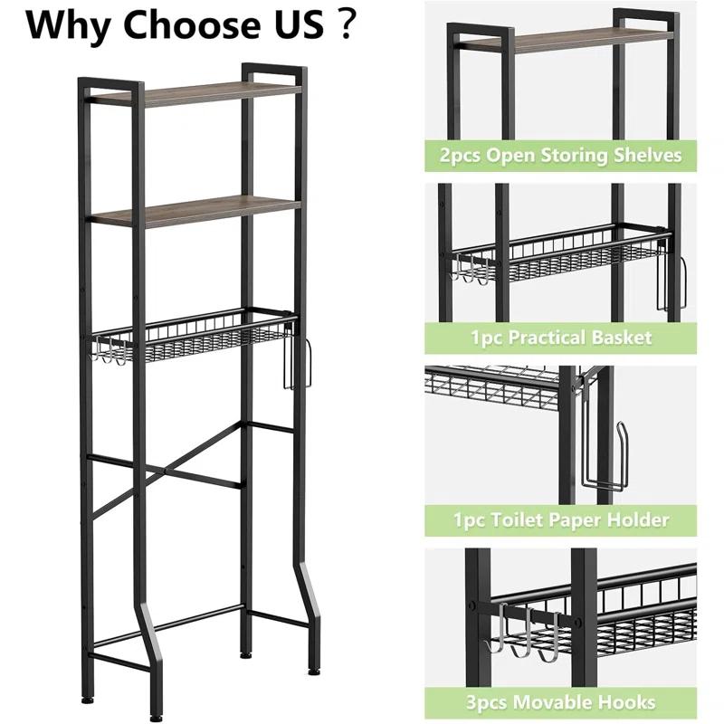 Over-The-Toilet Storage Rack, 3-Tier Bathroom Organizer Shelf Over Toilet With Shelf And Basket, Freestanding Space Saver Bathroom Shelves Above Toilet For Room