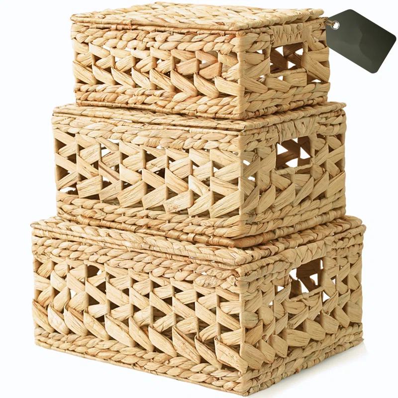 Gracie Oaks Wicker Storage Basket With Lid, Natural Decorative Wicker Basket For Shelf, Woven Baskets With Lids, 14In Lidded Basket, Rattan Storage Basket With Lid, Rattan Box Set Of 3 For Organizing