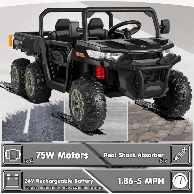 JOYRACER 24V 2 Seater Ride On Dump Truck with Remote Control , Electric UTV Car with Electric Dump Bed, 4WD Power Ride Cars W/6 Wheels Ride On Toys with Shovel Music Player