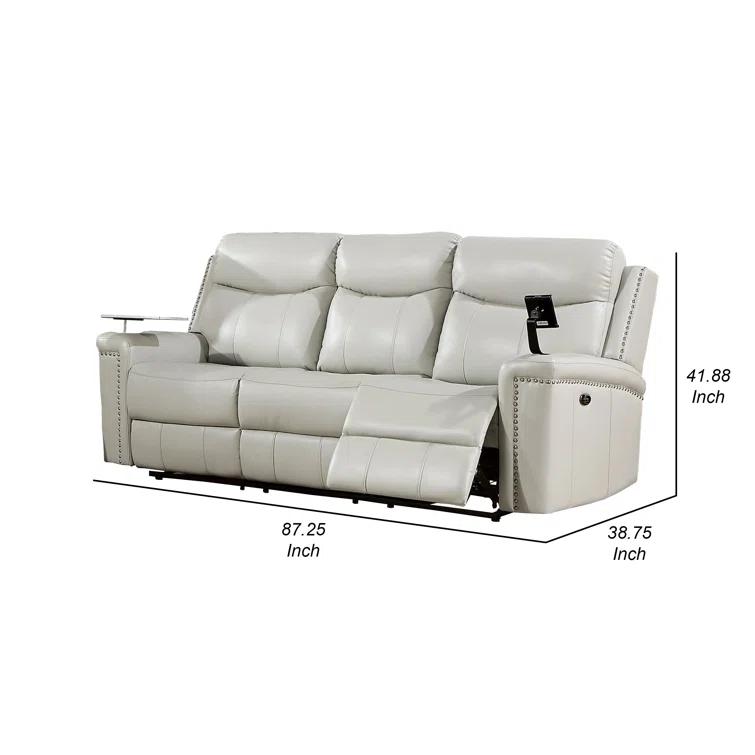 Benjara Flo 87 Inch Power Recliner Sofa, USB, Nailhead, Faux Leather, Light Gray | Wayfair