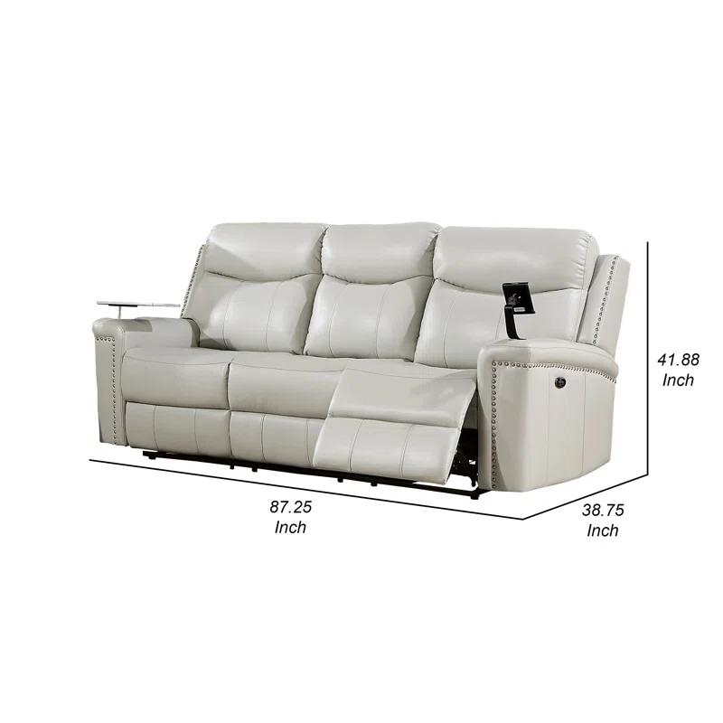 Benjara Flo 87 Inch Power Recliner Sofa, USB, Nailhead, Faux Leather, Light Gray | Wayfair