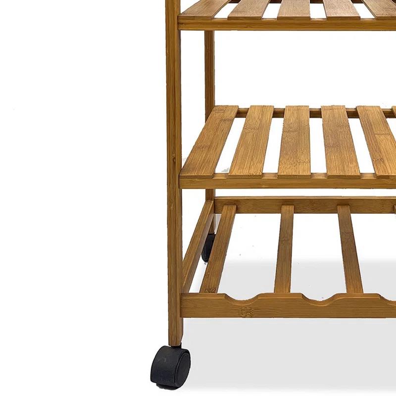 Benjara Harry Kitchen Bar Cart, 1 Drawer, 3 Shelves, Brown Bamboo, Rolling Wheels