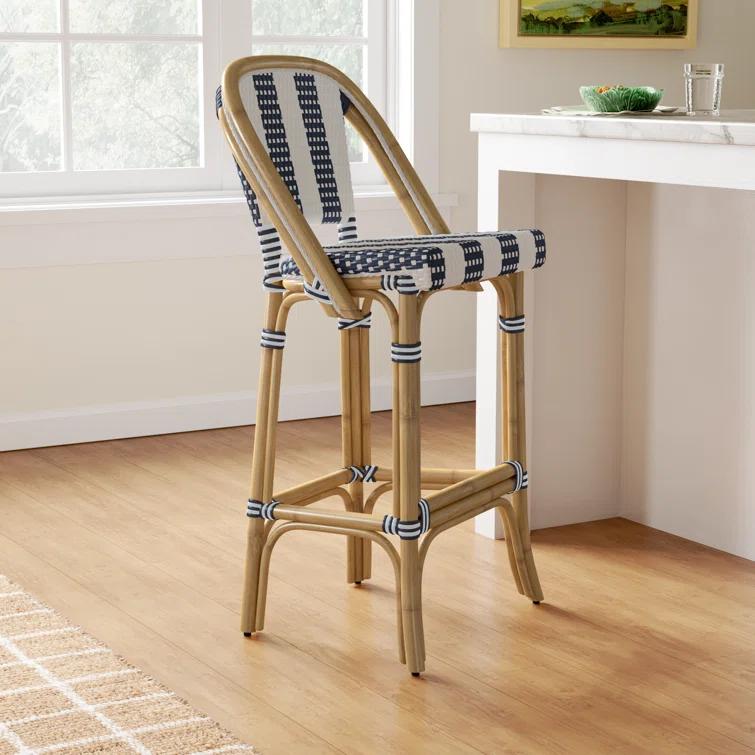 Butler Specialty Lila Stripe Rattan Bar Stool In Blue And White
