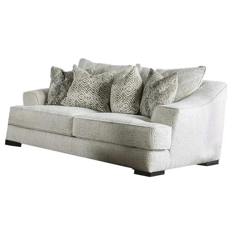 Benjara Syma Loveseat, Ivory Boucle, 4 Throw Pillows, Track Arms, 84 Inch