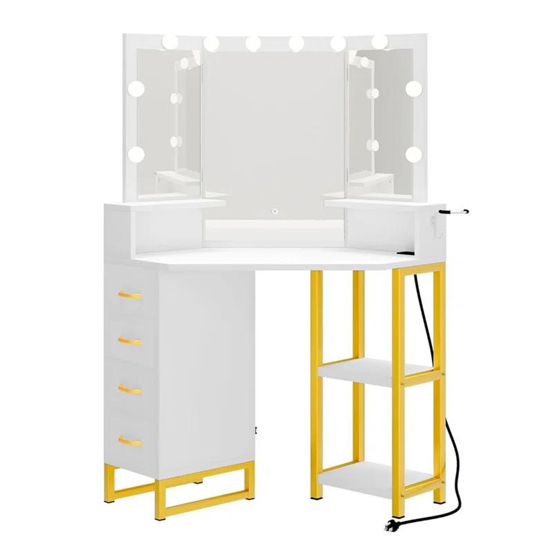 Mercer41 Halide Vanity Desk Makeup Table set Stool with Tri-Fold Mirror, Storage Drawer, and Shelves
