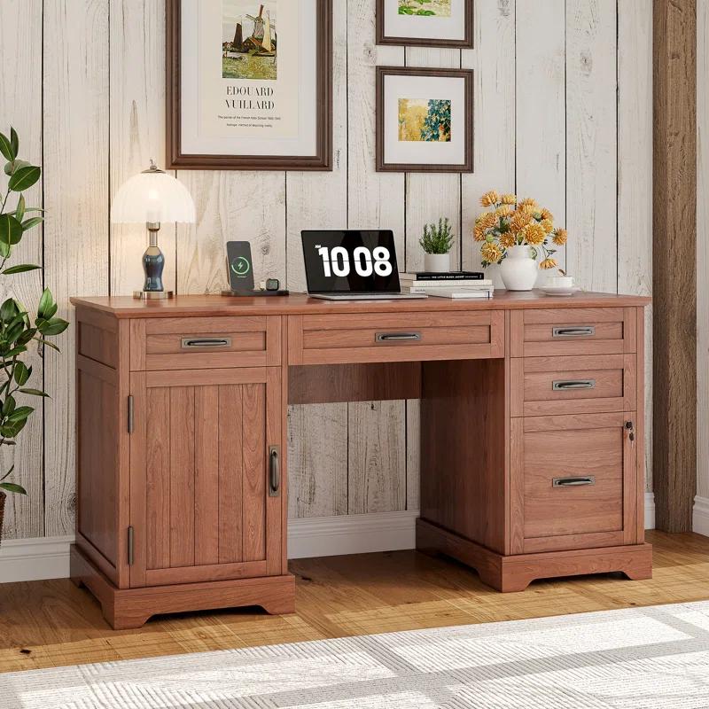 August Grove® Clabe 55'' Farmhouse Executive Desk with Drawers, File Cabinet and Power Outlets