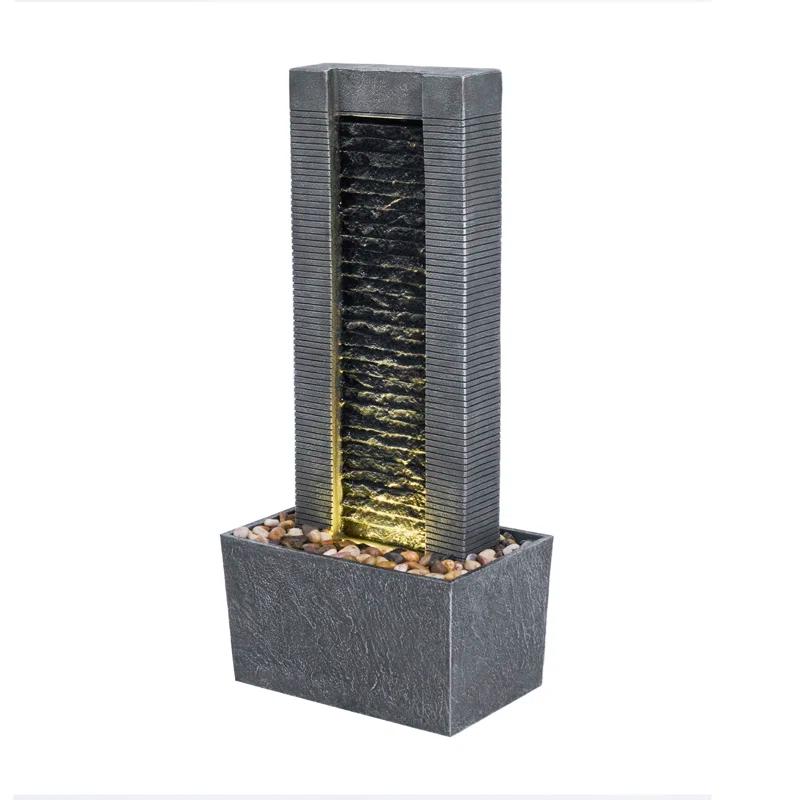 Wrought Studio™ Outdoor Water Fountain for Garden, Patio or Backyard-Freestanding Stone Design with Waterfall Feature & LED Lights