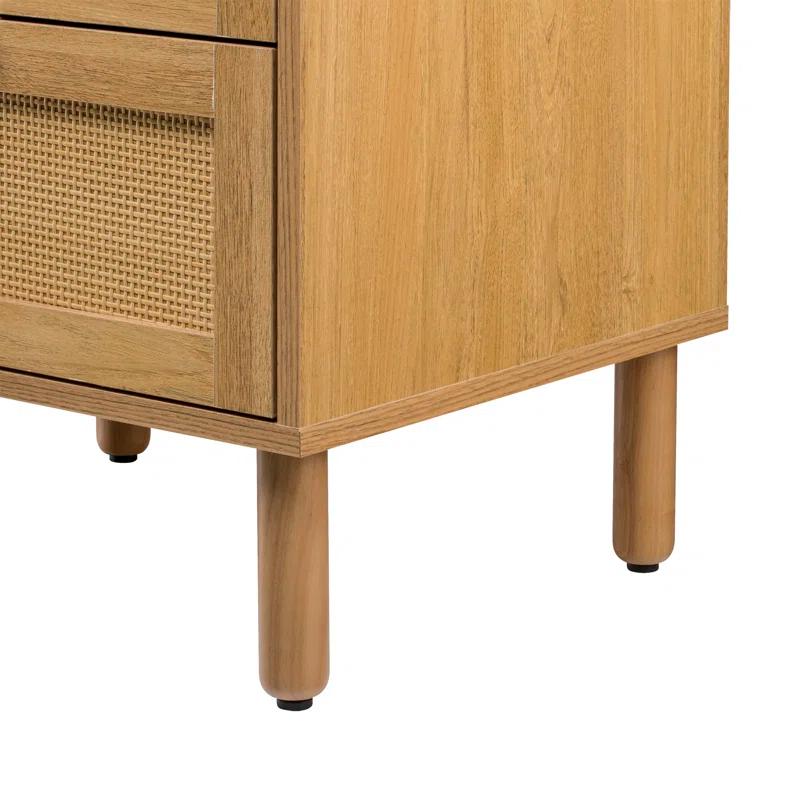 Sango Sango Orre 2-Drawer Solid Wood Nightstand, With Rattan, Cylicndrical Wooden Legs