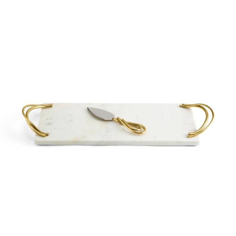White Marble Rectangular Cheese Board with Gold Spreader Knife
