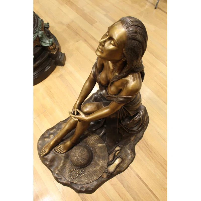 Nifao Statues Lady on Stone Bronze Statue -  Size: 33"L x 23"W x 34"H.