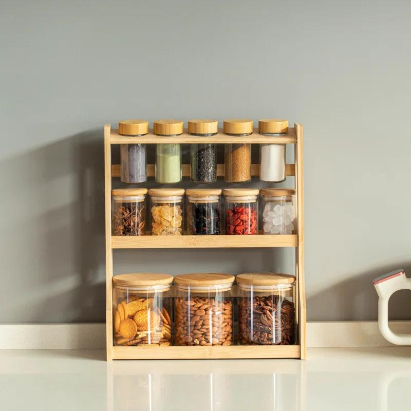 Basicwise Basicwise Versatile 3-tier Bamboo Spice Rack And Pantry Organizer With 13 Glass Jars – Perfect For Countertop Storage In Kitchens To Keep  Seasoning Containers Neatly Displayed And Easily Accessible