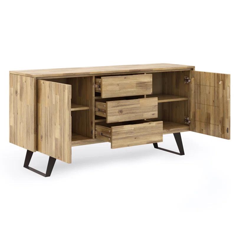 Simpli Home Lowry 60"W Solid Wood Modern Industrial 2-Door Sideboard Buffet with 3 Center Drawers