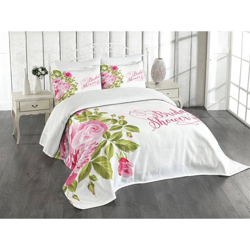 Ambesonne Ambesonne Pink Bedspread Set 3 Pcs Bride Shabby Flowers Queen Pale Pink Hot Pink
