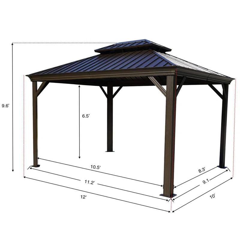 Arlmont & Co. Istref 10x12 Dark Brown Double Roof Hardtop Gazebo with Curtain and Mosquito Netting